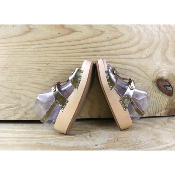 New Swedish Hasbeens Clogs 9.5 Metallic Gold 40 Rivet Wooden Platform Sandals - Picture 5 of 11